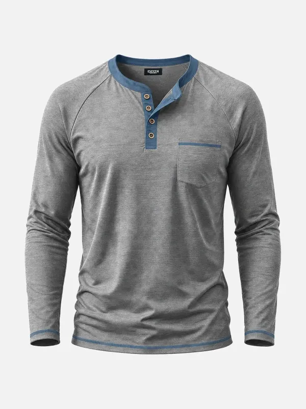 Men's Contrast Trim Henley Slim Fit Long Sleeve Shirt made by Eleven Oasis