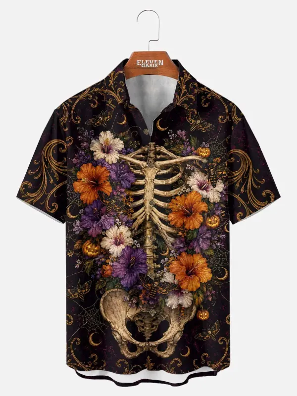 Tall Men's Floral Skeleton Halloween Short Sleeve Shirt made by Eleven Oasis