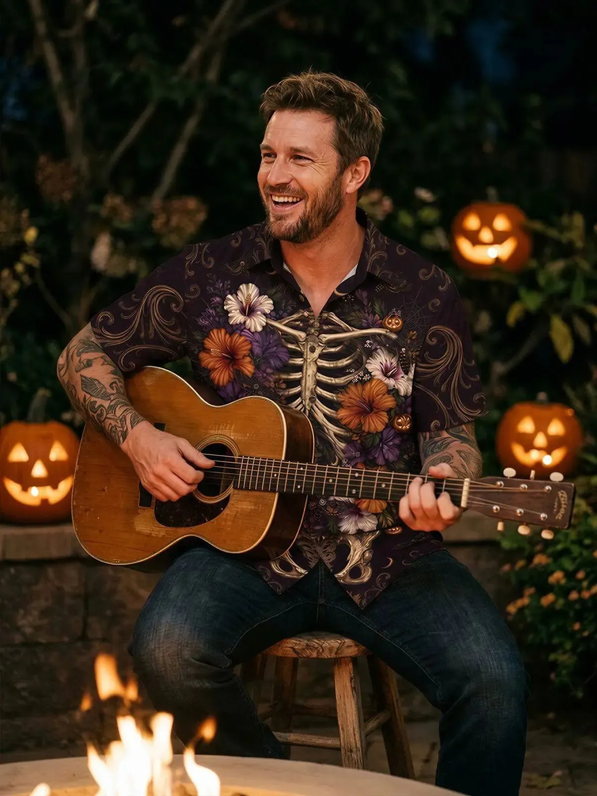 Tall Men's Floral Skeleton Halloween Short Sleeve Shirt sold by Eleven Oasis product image thumbnail 3