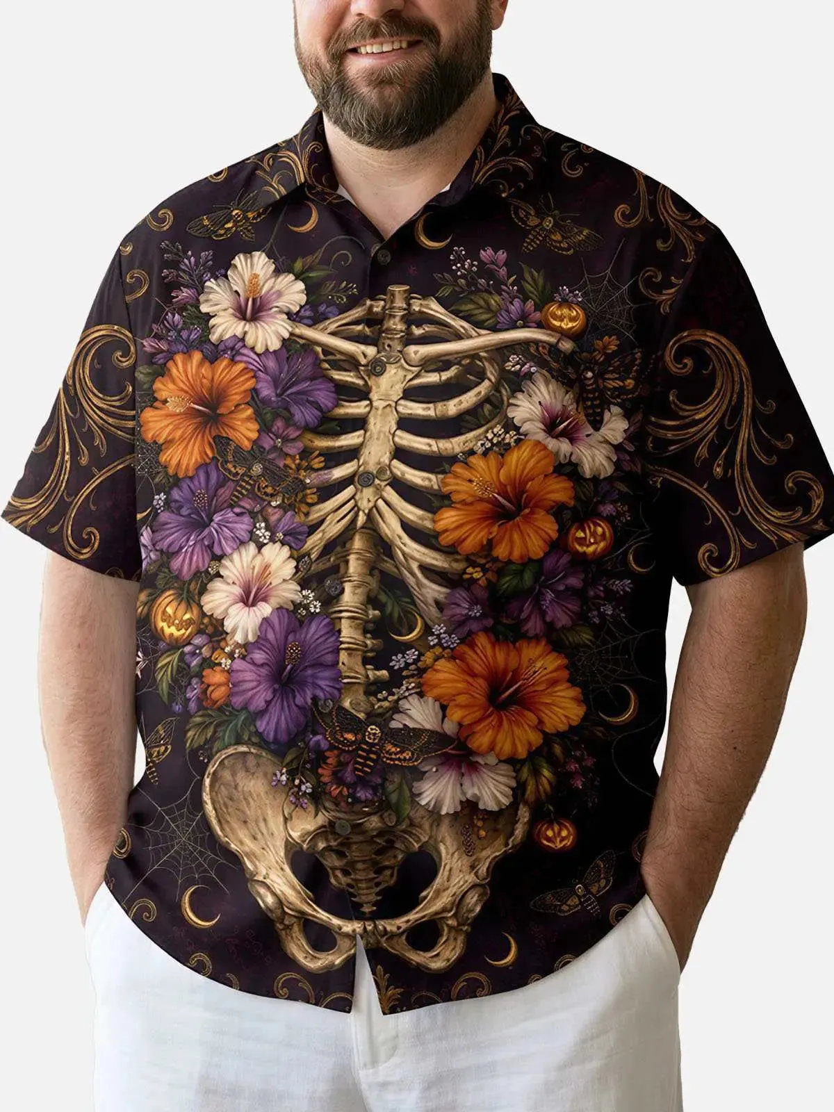 Tall Men's Floral Skeleton Halloween Short Sleeve Shirt sold by Eleven Oasis product image thumbnail 2