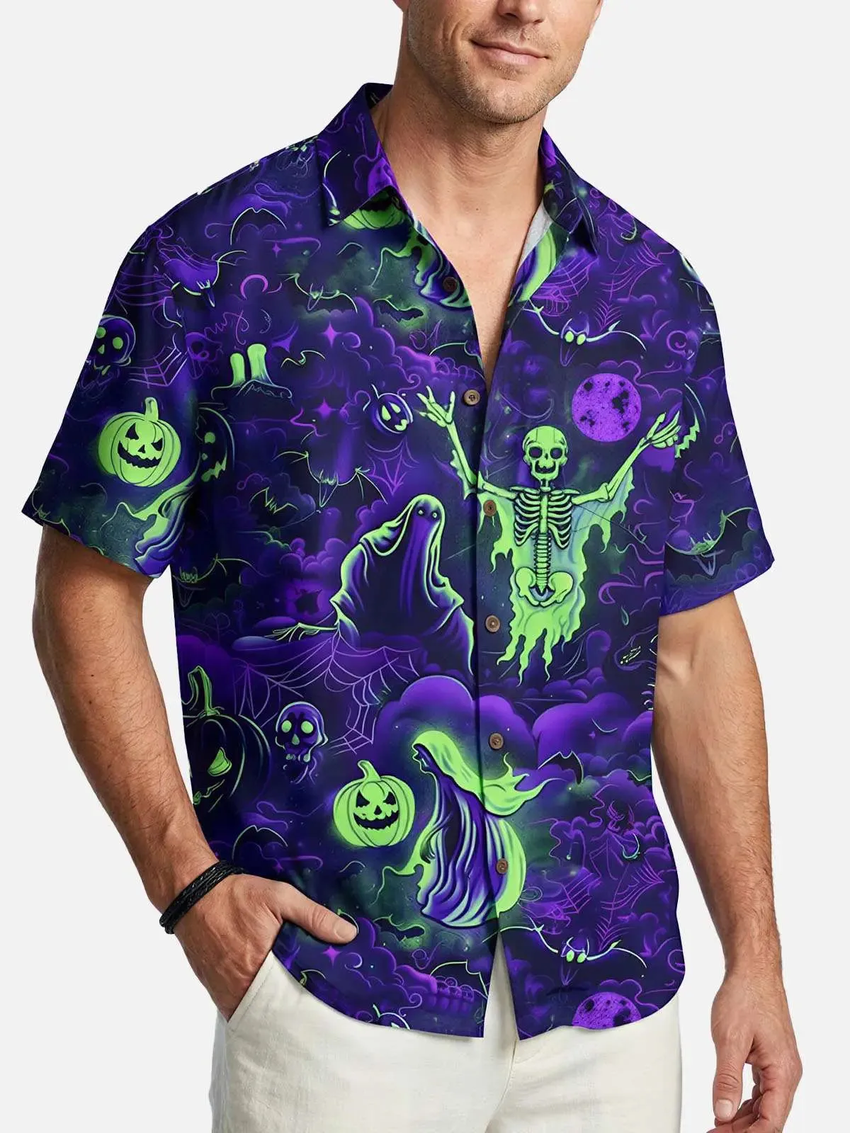Men's Haunted Graveyard Halloween Short Sleeve Shirt sold by Eleven Oasis product image thumbnail 2