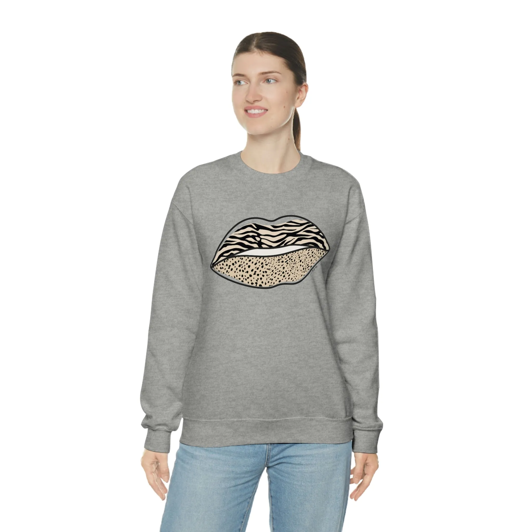 Leopard Zebra Lips Kiss Pout Unisex Crewneck Sweatshirt sold by Always Stylish Mama product image thumbnail 3