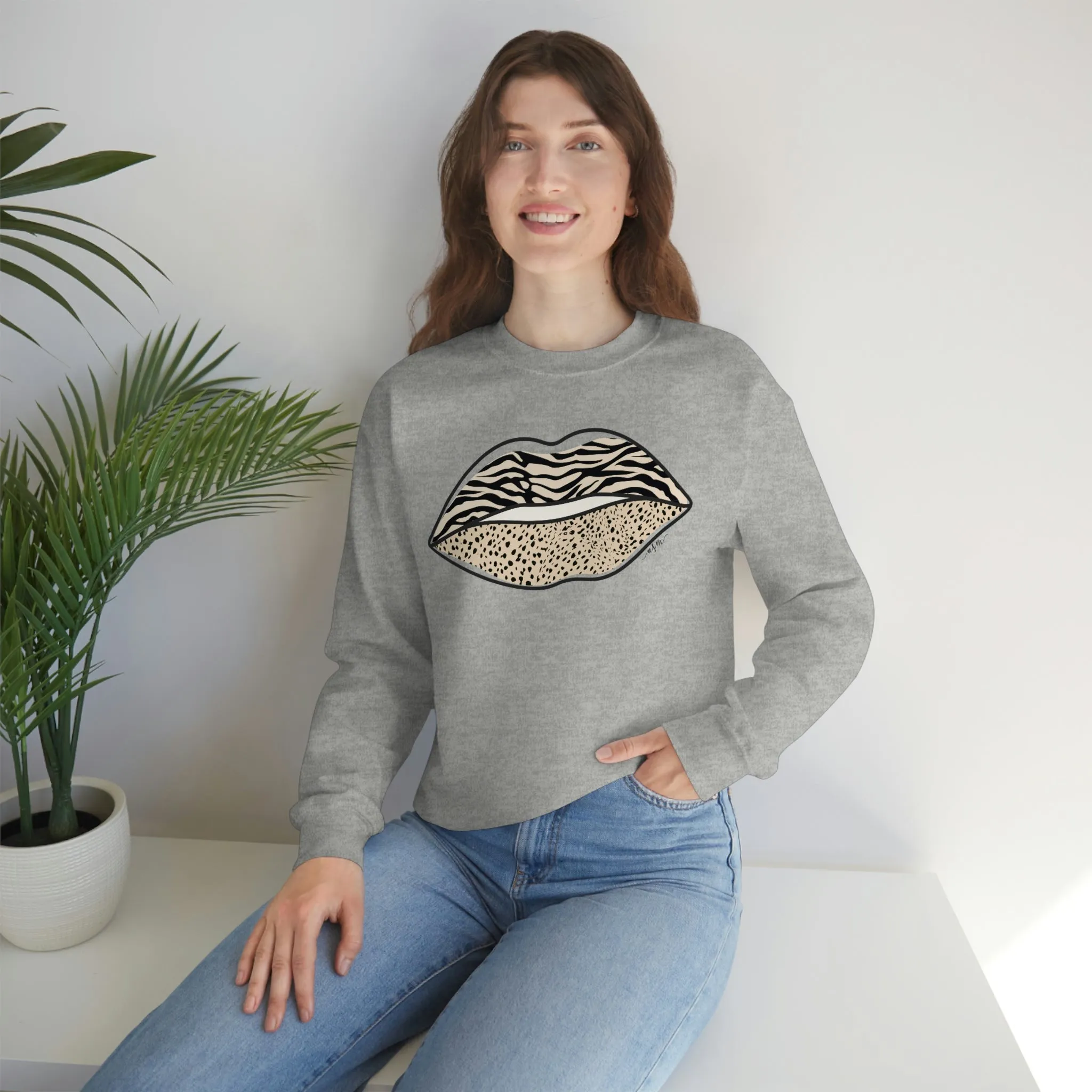Leopard Zebra Lips Kiss Pout Unisex Crewneck Sweatshirt sold by Always Stylish Mama product image thumbnail 4
