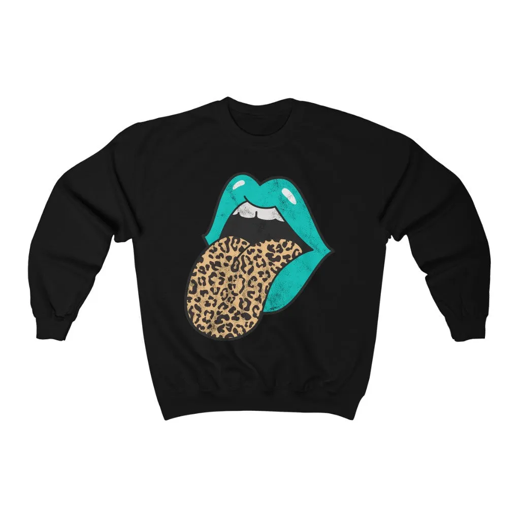 Aqua Lips Leopard Tongue Out Distressed Unisex Crewneck Sweatshirt sold by Always Stylish Mama product image thumbnail 2