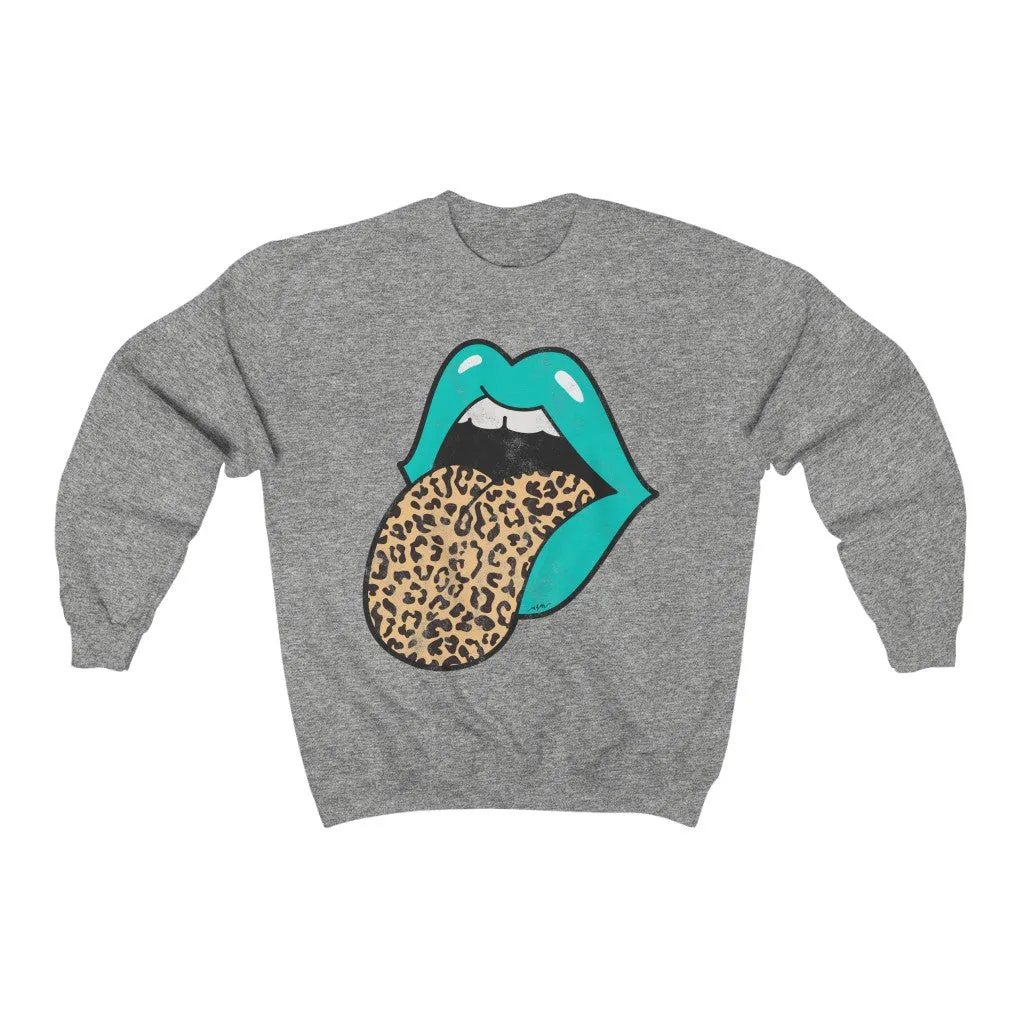 Aqua Lips Leopard Tongue Out Distressed Unisex Crewneck Sweatshirt sold by Always Stylish Mama product image thumbnail 3