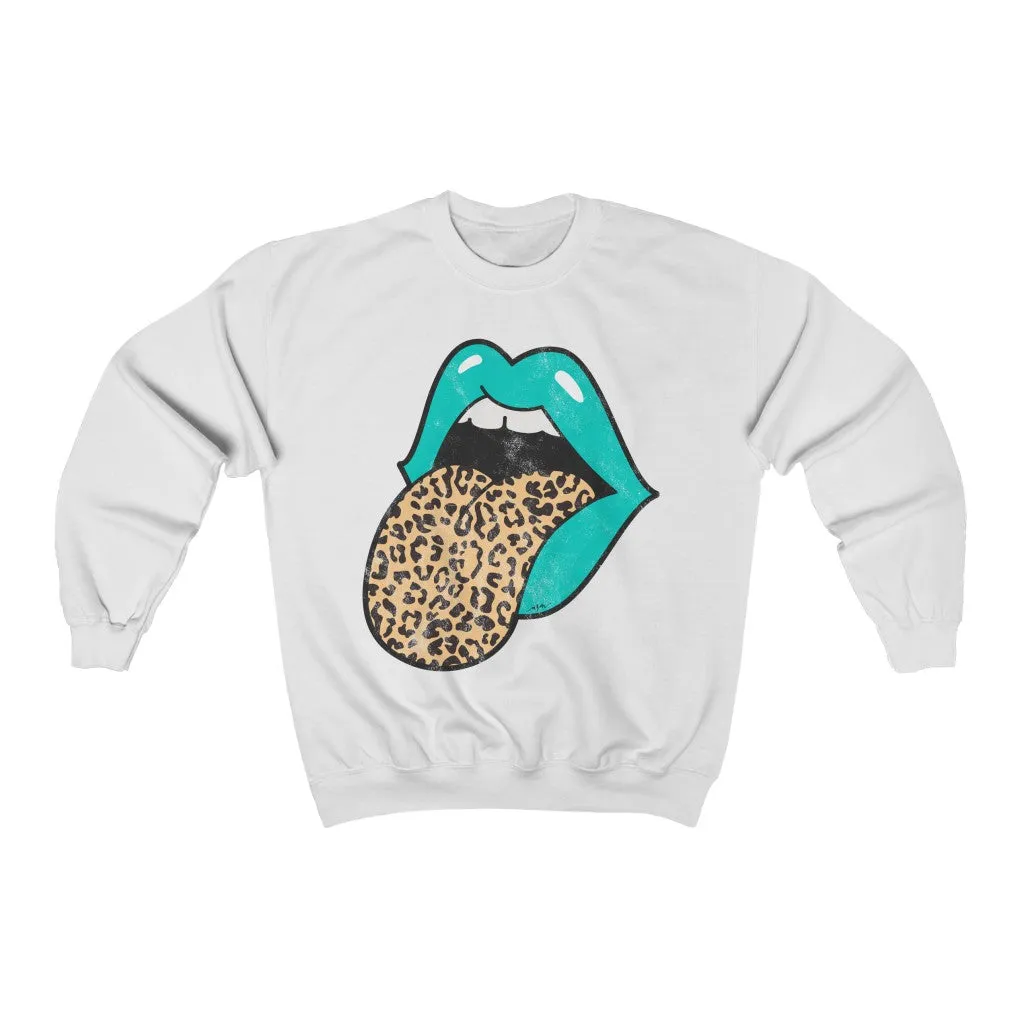 Aqua Lips Leopard Tongue Out Distressed Unisex Crewneck Sweatshirt sold by Always Stylish Mama