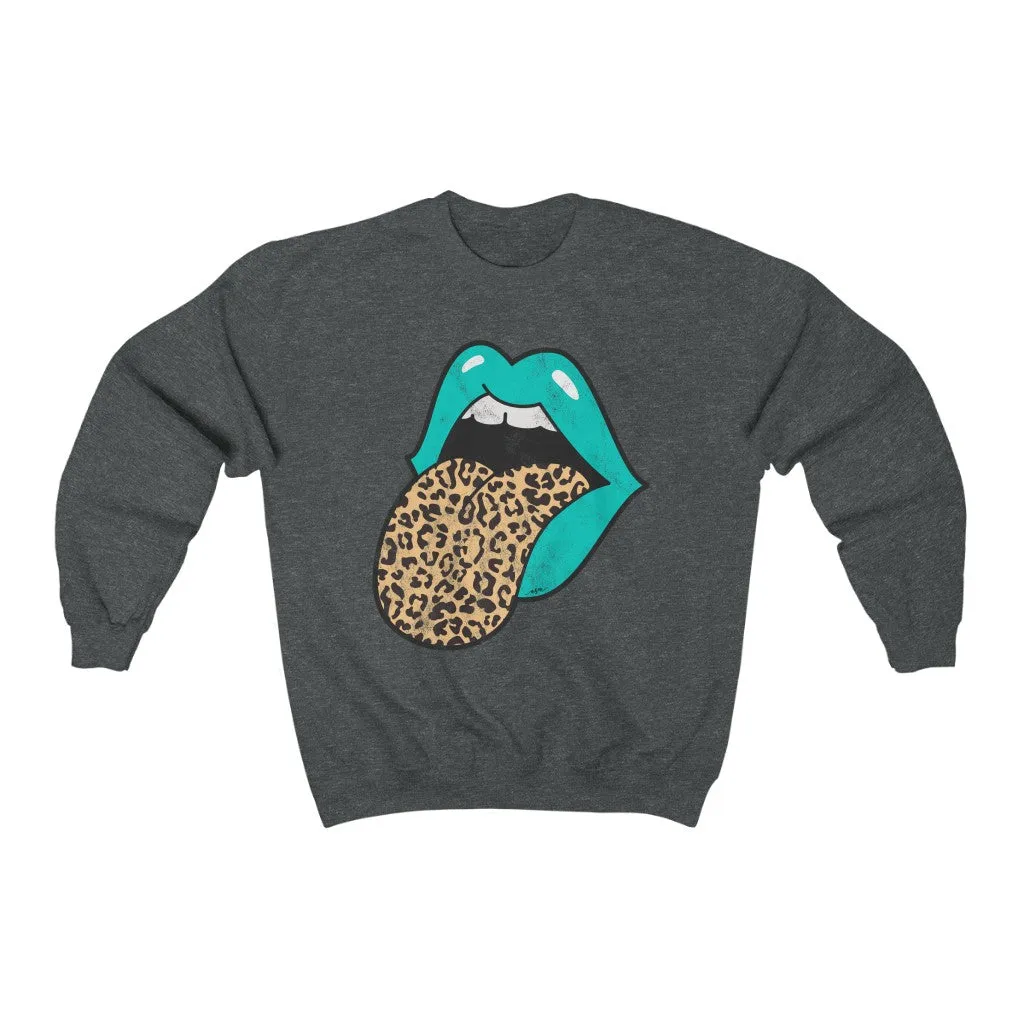 Aqua Lips Leopard Tongue Out Distressed Unisex Crewneck Sweatshirt sold by Always Stylish Mama product image thumbnail 4