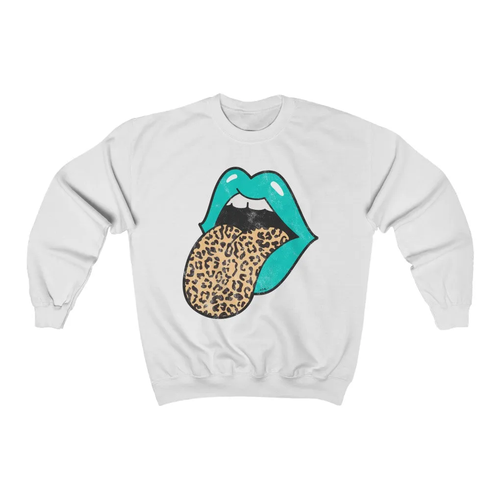 Aqua Lips Leopard Tongue Out Distressed Unisex Crewneck Sweatshirt sold by Always Stylish Mama