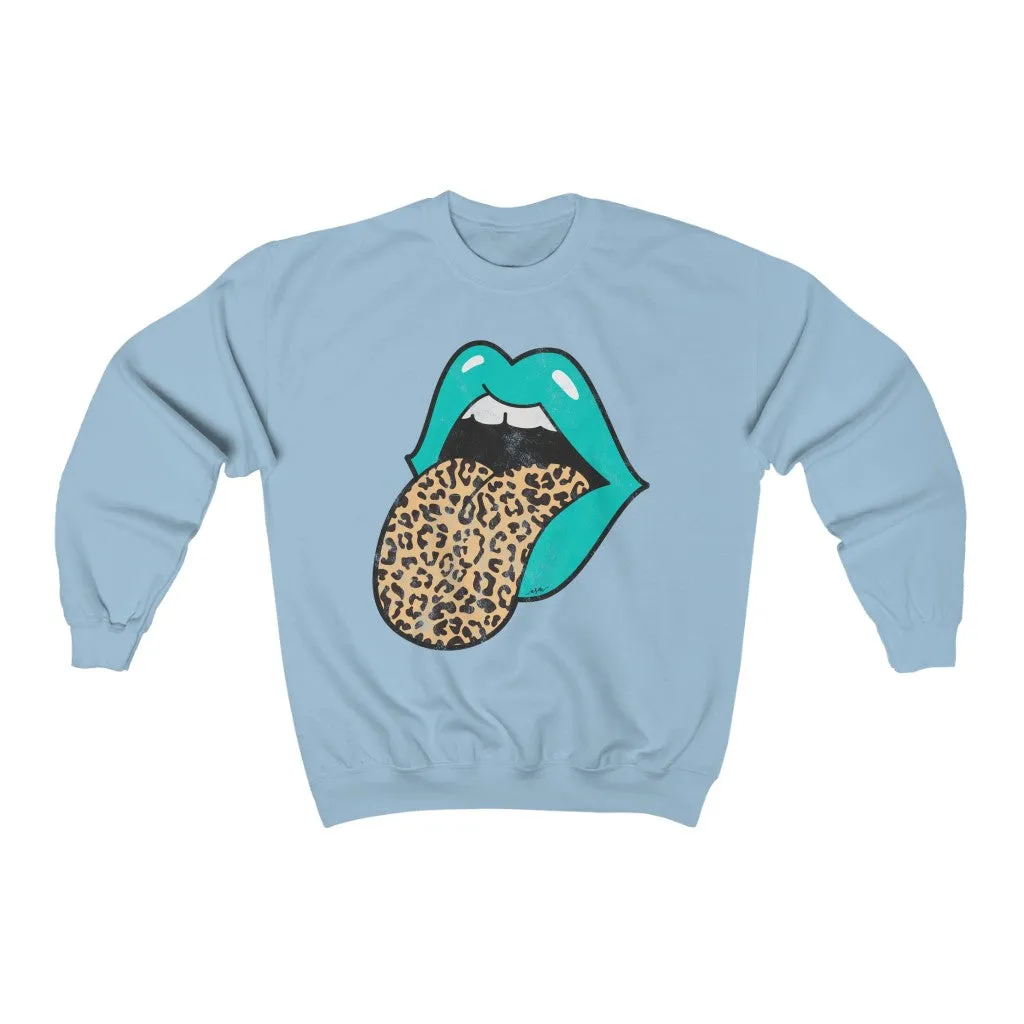 Aqua Lips Leopard Tongue Out Distressed Unisex Crewneck Sweatshirt sold by Always Stylish Mama product image thumbnail 5