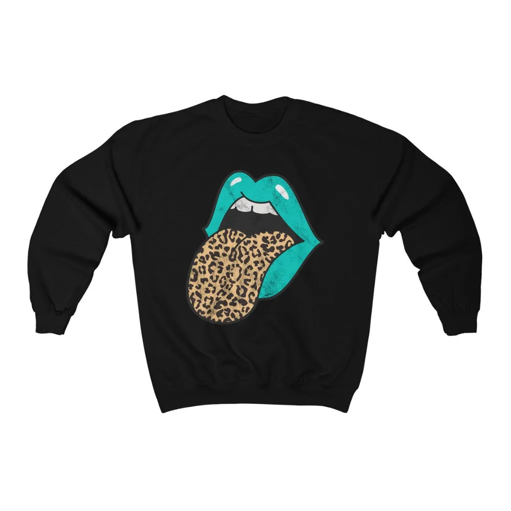 Aqua Lips Leopard Tongue Out Distressed Unisex Crewneck Sweatshirt sold by Always Stylish Mama product image thumbnail 2