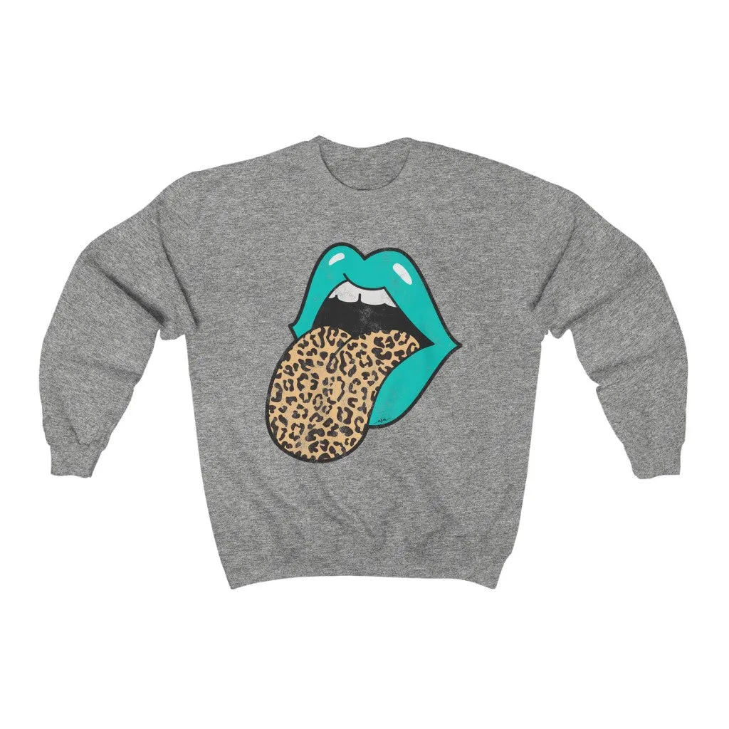 Aqua Lips Leopard Tongue Out Distressed Unisex Crewneck Sweatshirt sold by Always Stylish Mama product image thumbnail 3