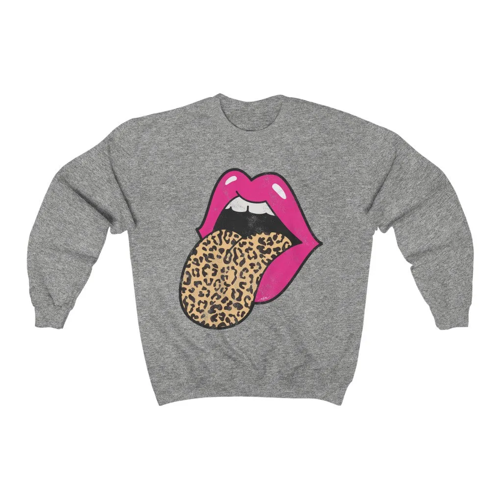 Pink Lips Leopard Tongue Out Distressed Unisex Sweatshirt sold by Always Stylish Mama