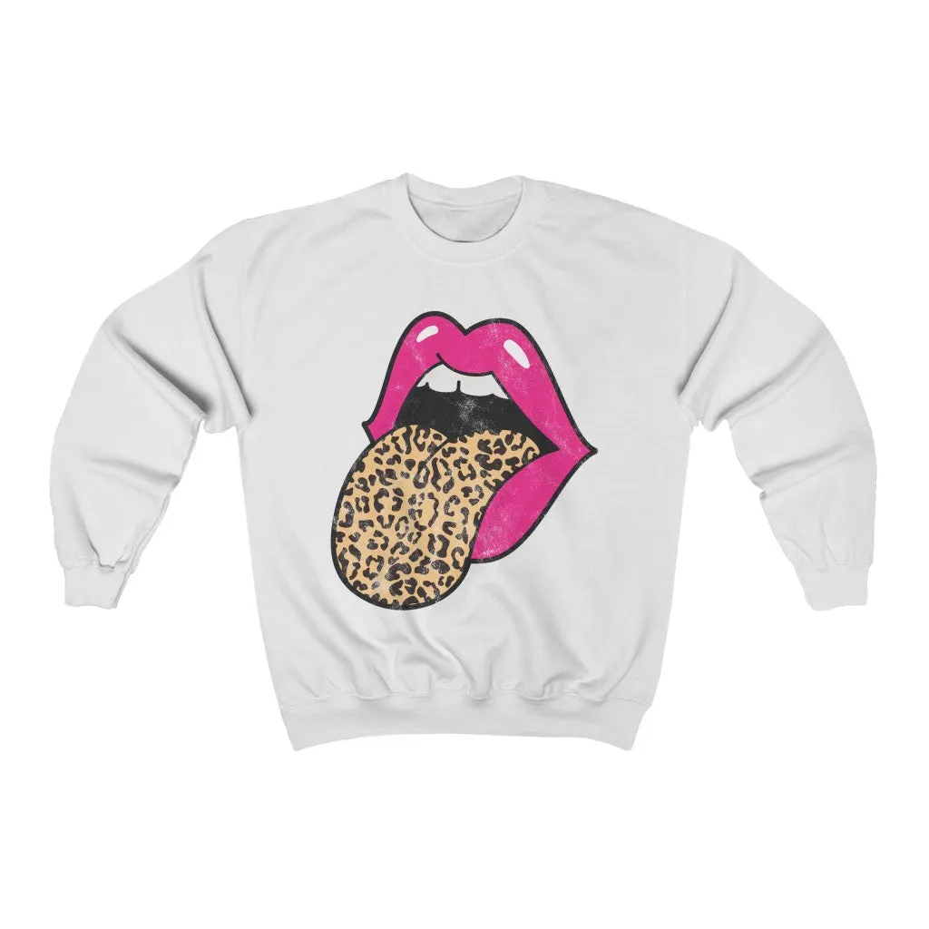 Pink Lips Leopard Tongue Out Distressed Unisex Sweatshirt sold by Always Stylish Mama product image thumbnail 2