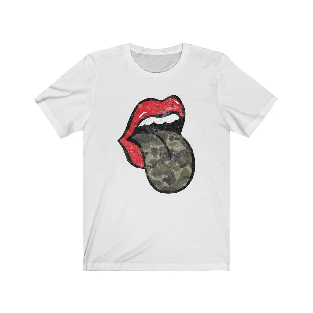 Red Lips Camo Tongue Out Distressed Unisex Tee sold by Always Stylish Mama product image thumbnail 2