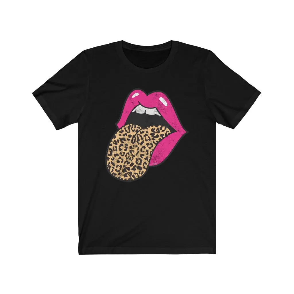 Pink Lips Leopard Tongue Out Distressed Unisex Tee sold by Always Stylish Mama product image thumbnail 2