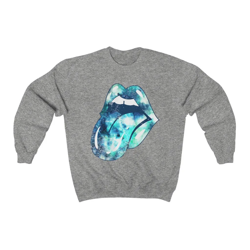 Blue Tie Dye Lips Tongue Out Distressed Unisex Crewneck Sweatshirt sold by Always Stylish Mama product image thumbnail 3