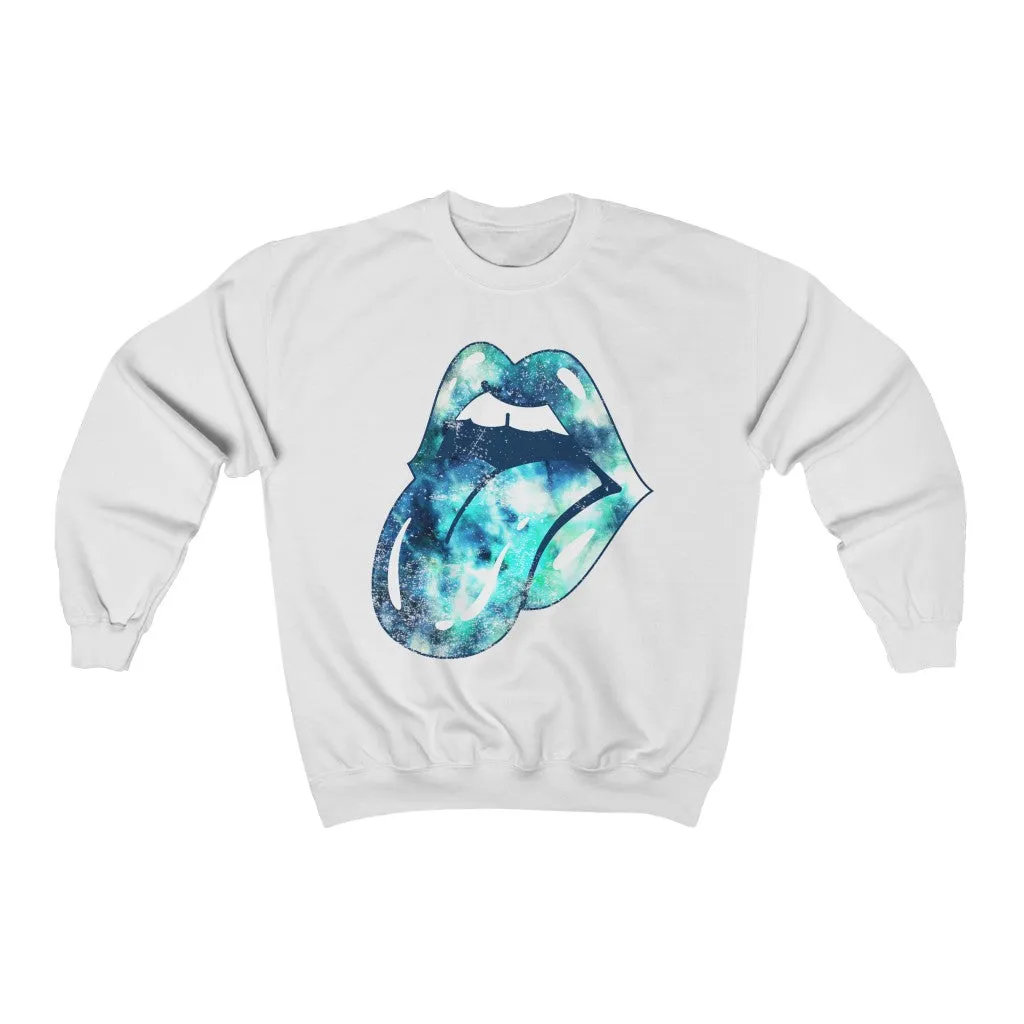 Blue Tie Dye Lips Tongue Out Distressed Unisex Crewneck Sweatshirt sold by Always Stylish Mama