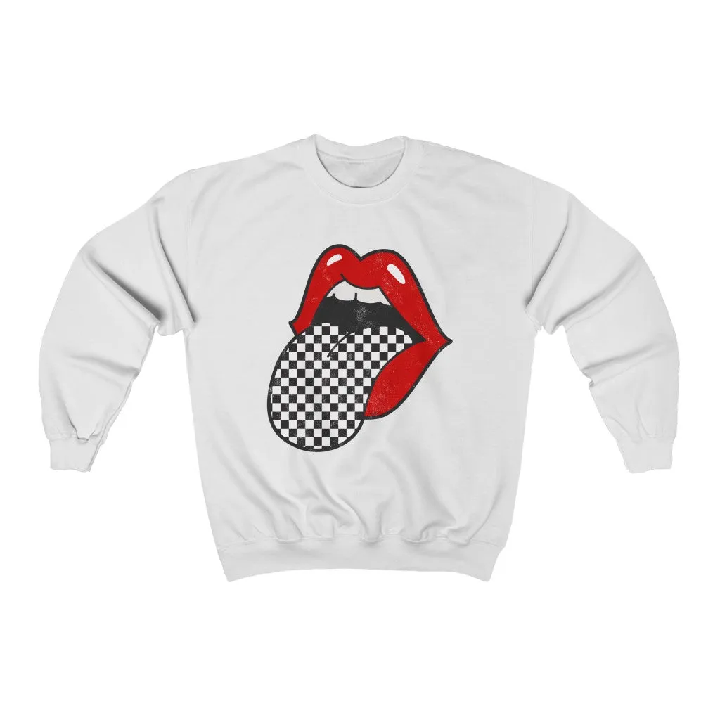 Red Lips Checkered Tongue Out Distressed Unisex Crewneck Sweatshirt sold by Always Stylish Mama product image thumbnail 2