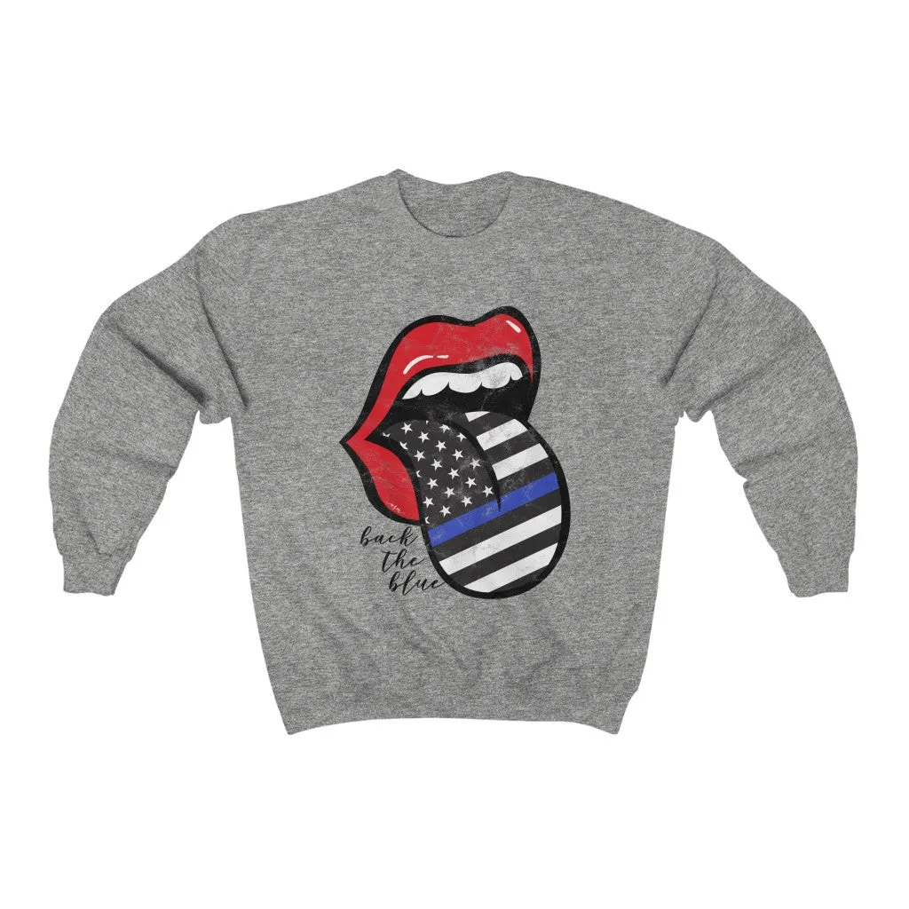 Police Blue Line Back the Blue Flag Tongue Out Distressed Unisex Sweatshirt sold by Always Stylish Mama