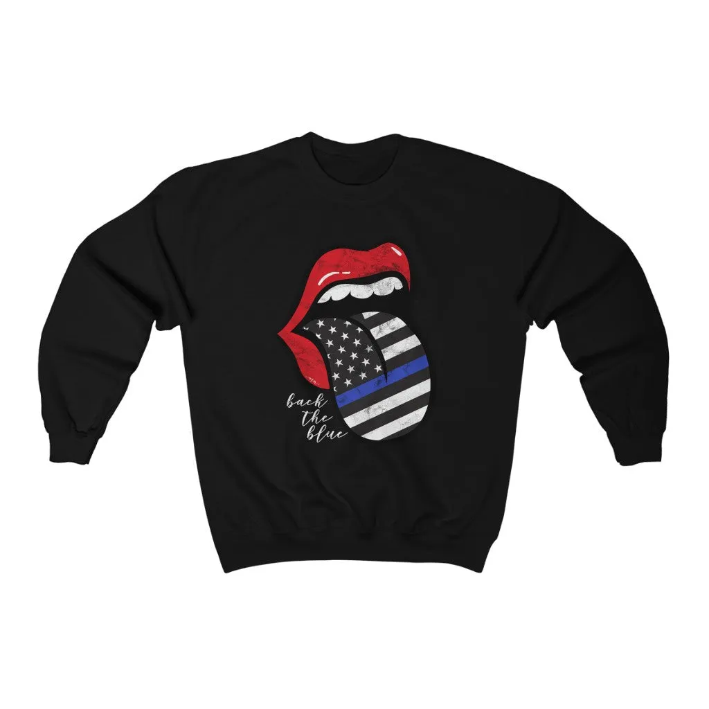 Police Blue Line Back the Blue Flag Tongue Out Distressed Unisex Sweatshirt sold by Always Stylish Mama