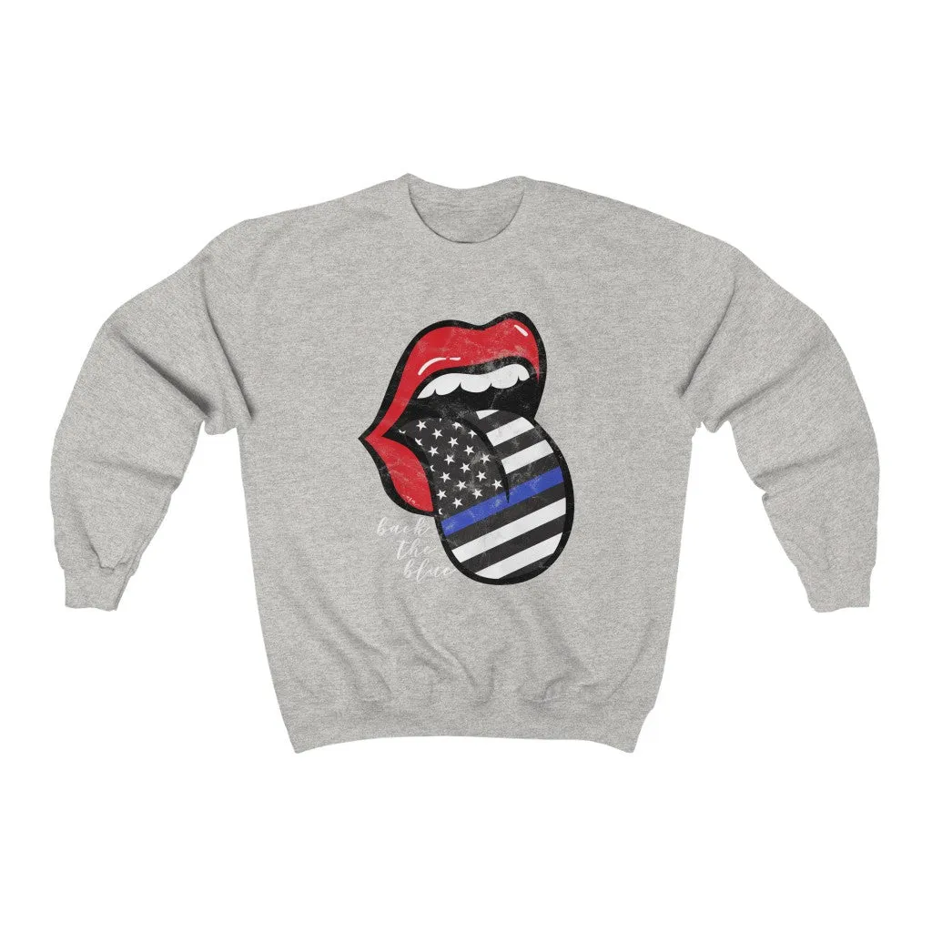 Police Blue Line Back the Blue Flag Tongue Out Distressed Unisex Sweatshirt sold by Always Stylish Mama product image thumbnail 2