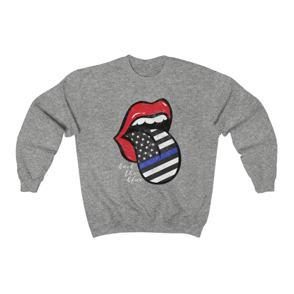 Police Blue Line Back the Blue Flag Tongue Out Distressed Unisex Sweatshirt sold by Always Stylish Mama product image thumbnail 3