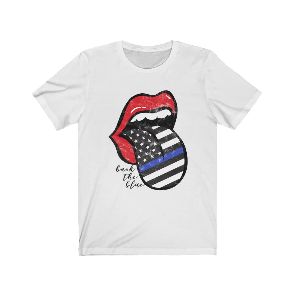 Police Blue Line Back the Blue Flag Tongue Distressed Unisex Tee sold by Always Stylish Mama