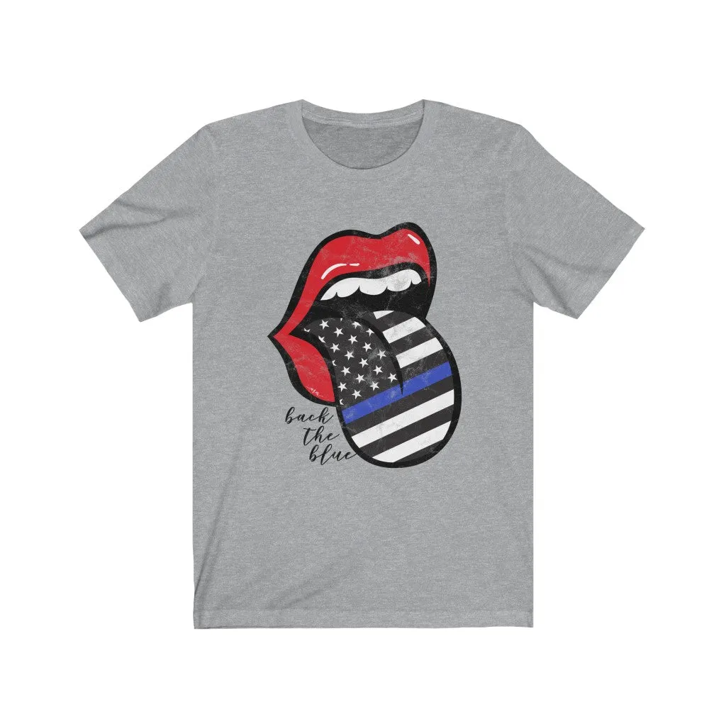 Police Blue Line Back the Blue Flag Tongue Distressed Unisex Tee sold by Always Stylish Mama product image thumbnail 2