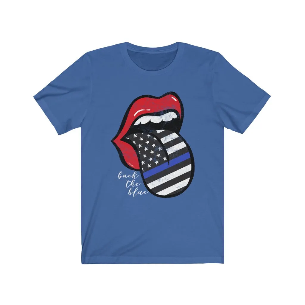 Police Blue Line Back the Blue Flag Tongue Distressed Unisex Tee sold by Always Stylish Mama