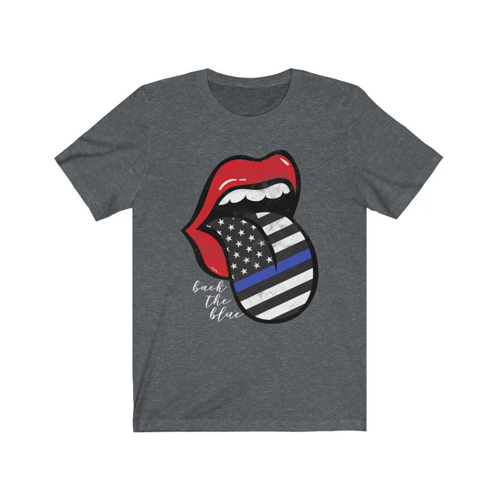 Police Blue Line Back the Blue Flag Tongue Distressed Unisex Tee sold by Always Stylish Mama product image thumbnail 5
