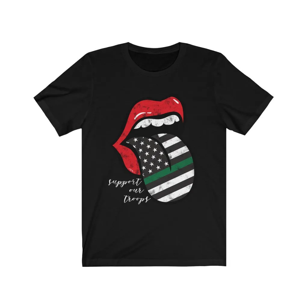 Military Flag Tongue Out Support Our Troops Distressed Unisex Tee White Text sold by Always Stylish Mama