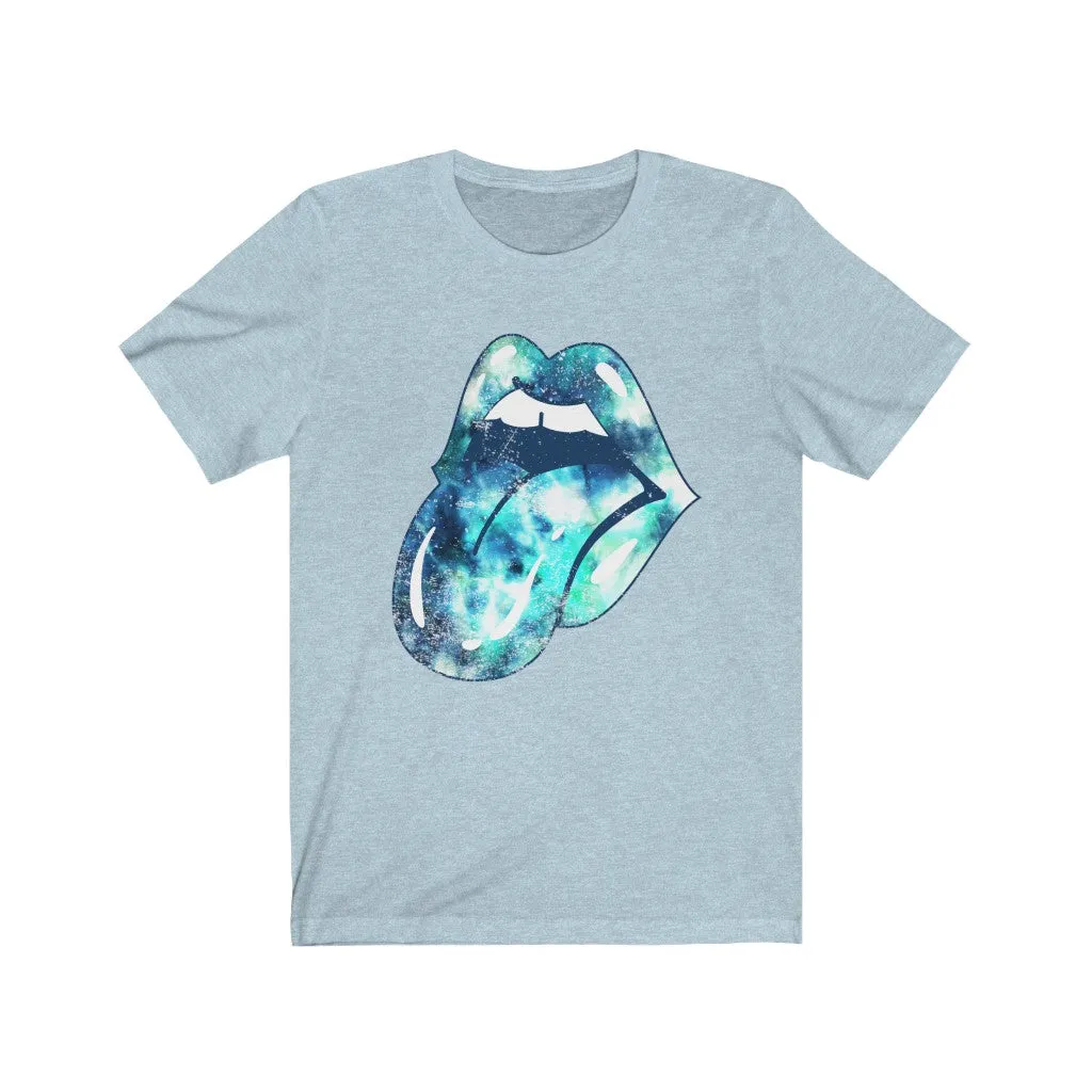 Blue Tie Dye Lips Tongue Out Distressed Unisex Tee sold by Always Stylish Mama product image thumbnail 4