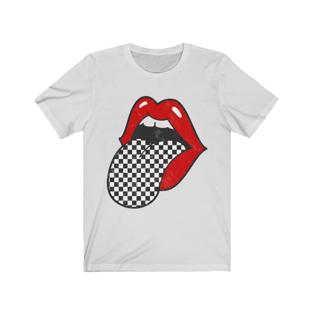 Red Lips Checkered Tongue Out Distressed Unisex Tee sold by Always Stylish Mama product image thumbnail 3