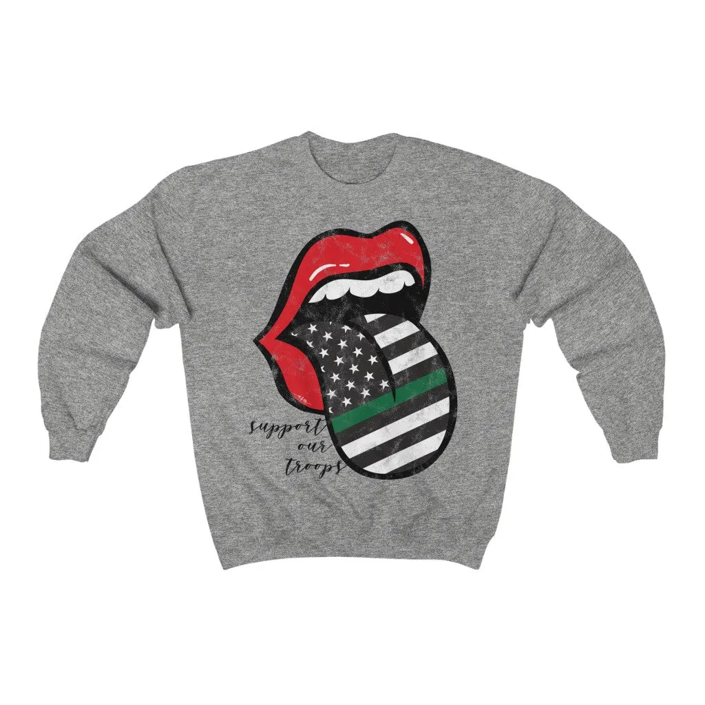 Military Flag Tongue Out Support Our Troops Distressed Unisex Sweatshirt Black Text sold by Always Stylish Mama product image thumbnail 4