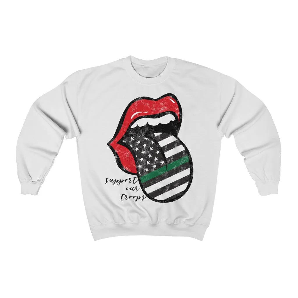 Military Flag Tongue Out Support Our Troops Distressed Unisex Sweatshirt Black Text sold by Always Stylish Mama product image thumbnail 2