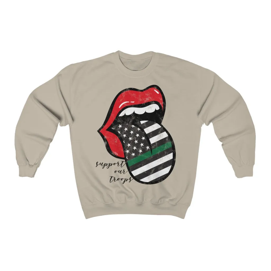 Military Flag Tongue Out Support Our Troops Distressed Unisex Sweatshirt Black Text sold by Always Stylish Mama product image thumbnail 3
