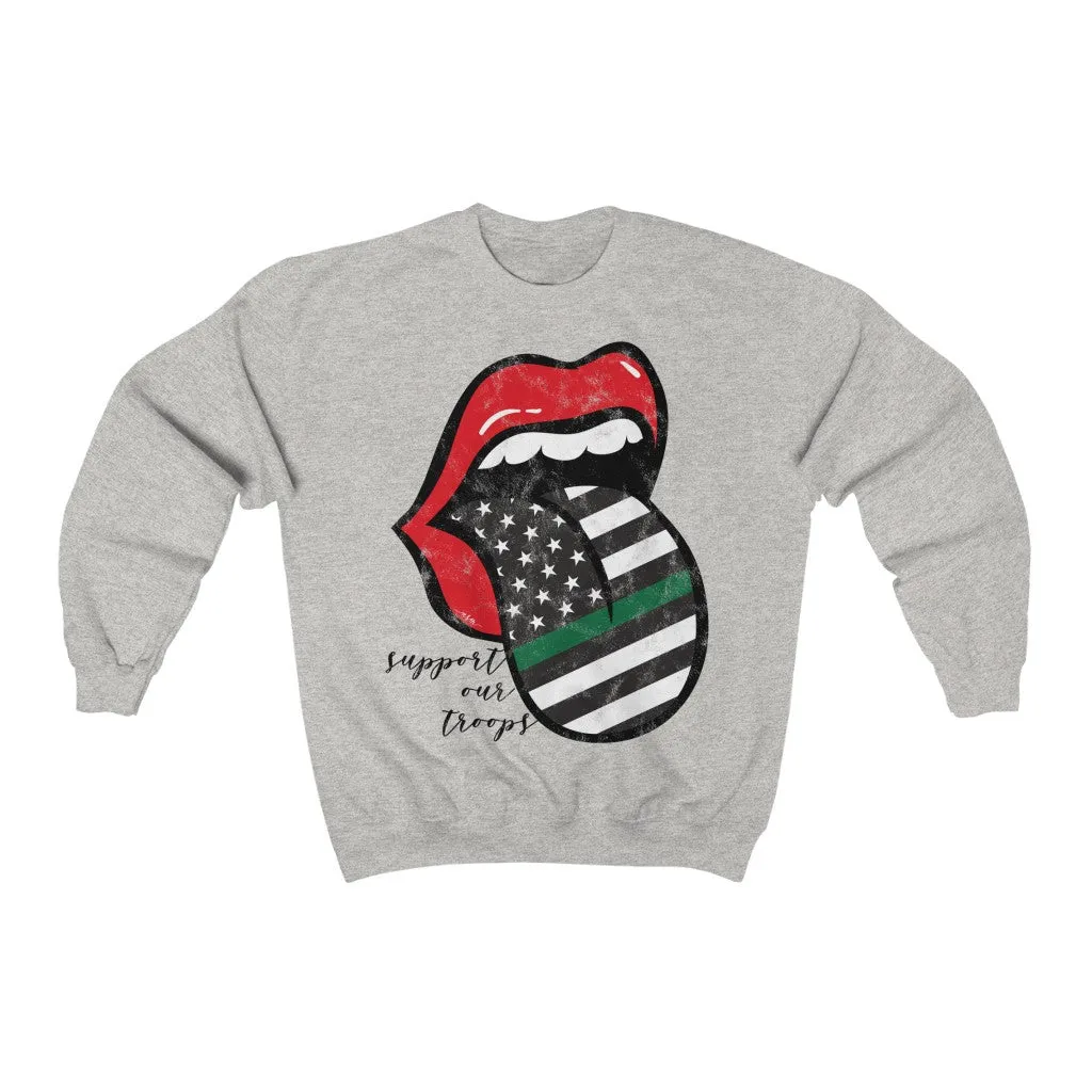 Military Flag Tongue Out Support Our Troops Distressed Unisex Sweatshirt Black Text sold by Always Stylish Mama