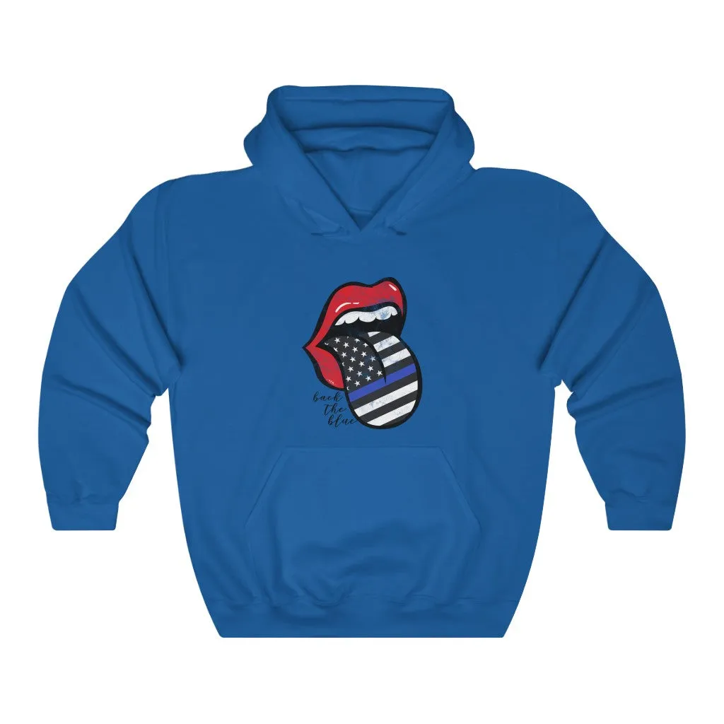 Red Lips Police Flag Tongue Out Back The Blue Hooded Sweatshirt sold by Always Stylish Mama product image thumbnail 5