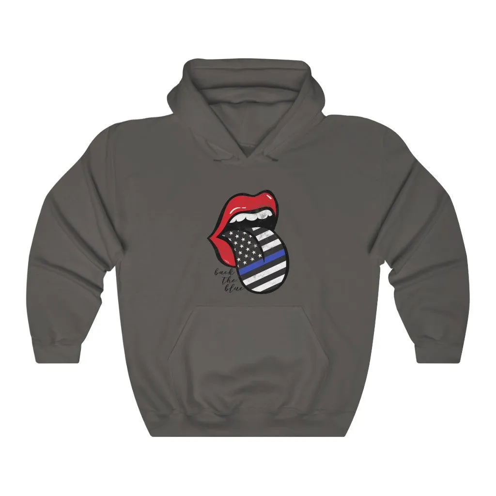 Red Lips Police Flag Tongue Out Back The Blue Hooded Sweatshirt sold by Always Stylish Mama product image thumbnail 3