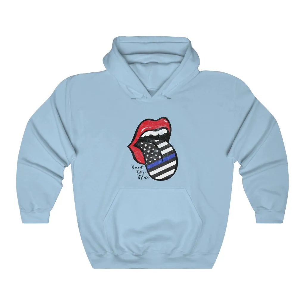 Red Lips Police Flag Tongue Out Back The Blue Hooded Sweatshirt sold by Always Stylish Mama product image thumbnail 4