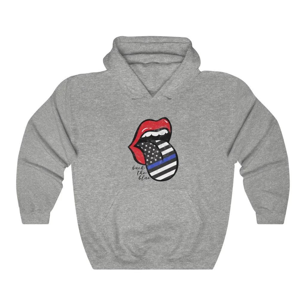 Red Lips Police Flag Tongue Out Back The Blue Hooded Sweatshirt sold by Always Stylish Mama