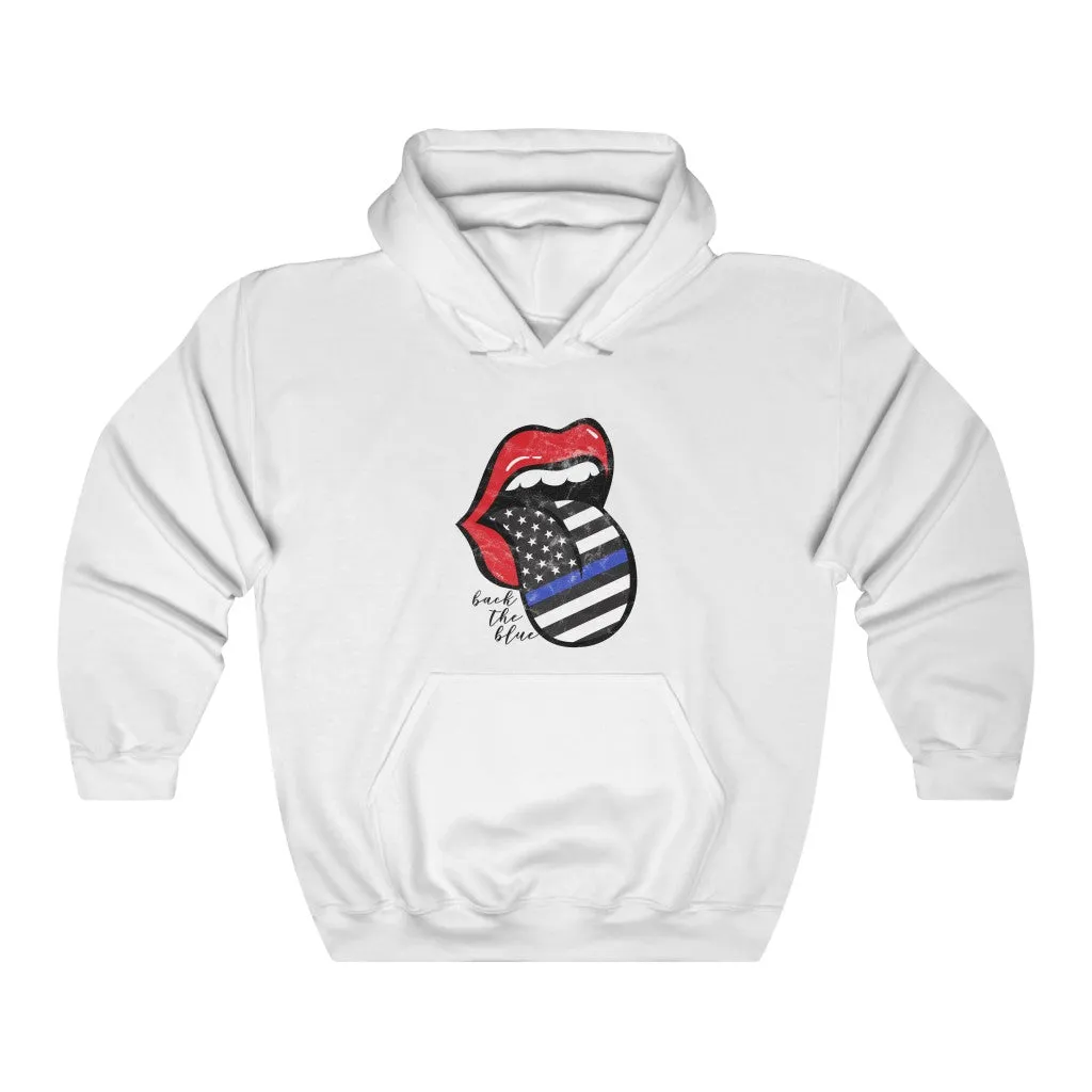 Red Lips Police Flag Tongue Out Back The Blue Hooded Sweatshirt sold by Always Stylish Mama product image thumbnail 2