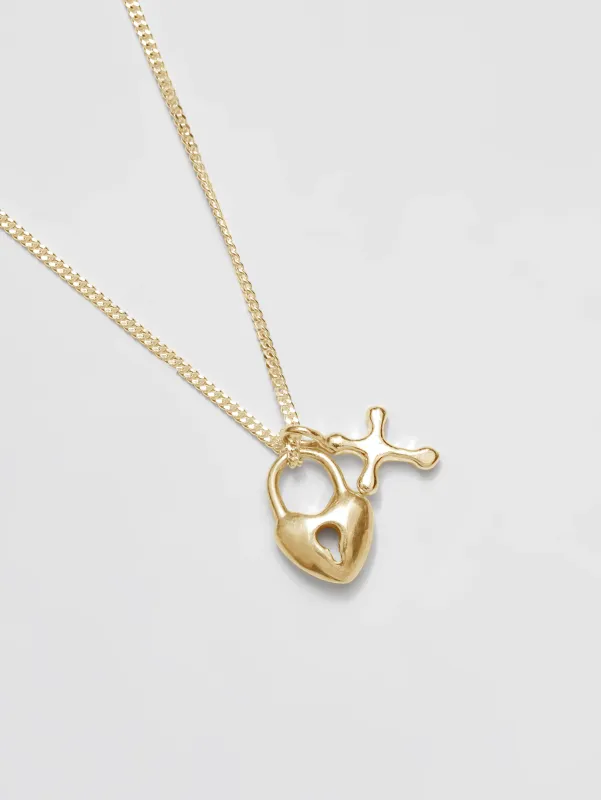 Mini Gold Heart Lock and Cross Charm Necklace sold by Ascot + Hart