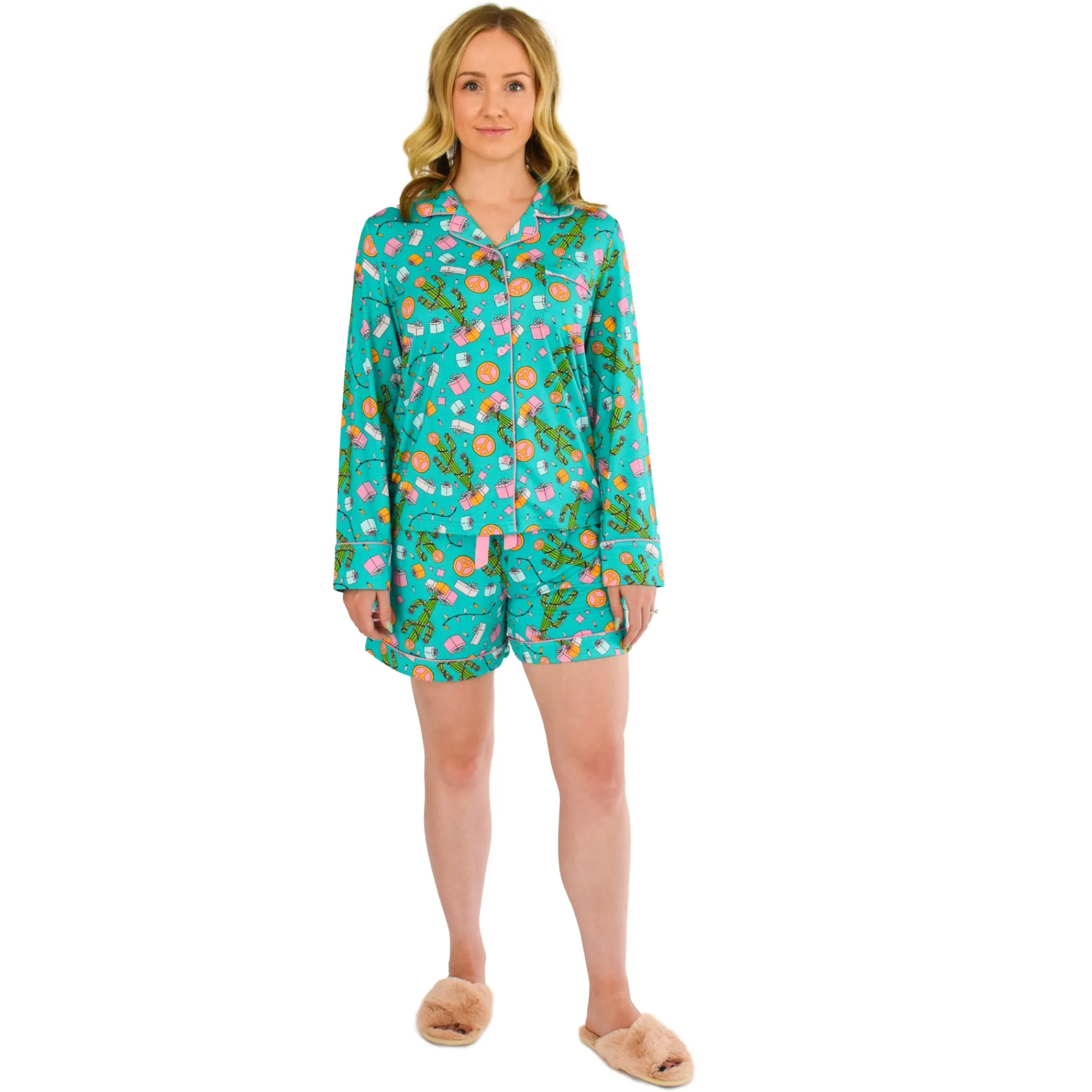 Quinn Teal Cactus Christmas Pajamas Long Sleeve Short Set sold by Cozy Ups product image thumbnail 2