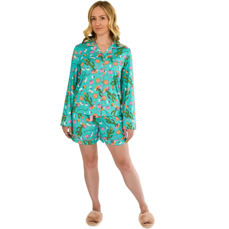 Quinn Teal Cactus Christmas Pajamas Long Sleeve Short Set sold by Cozy Ups