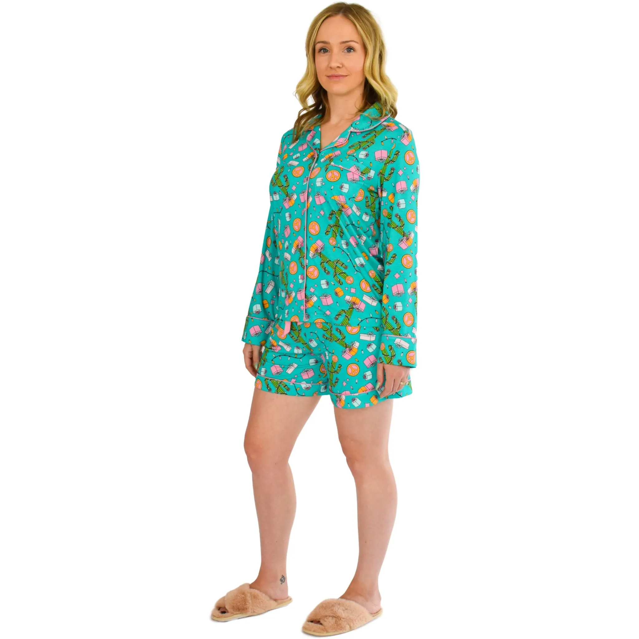 Quinn Teal Cactus Christmas Pajamas Long Sleeve Short Set sold by Cozy Ups product image thumbnail 4