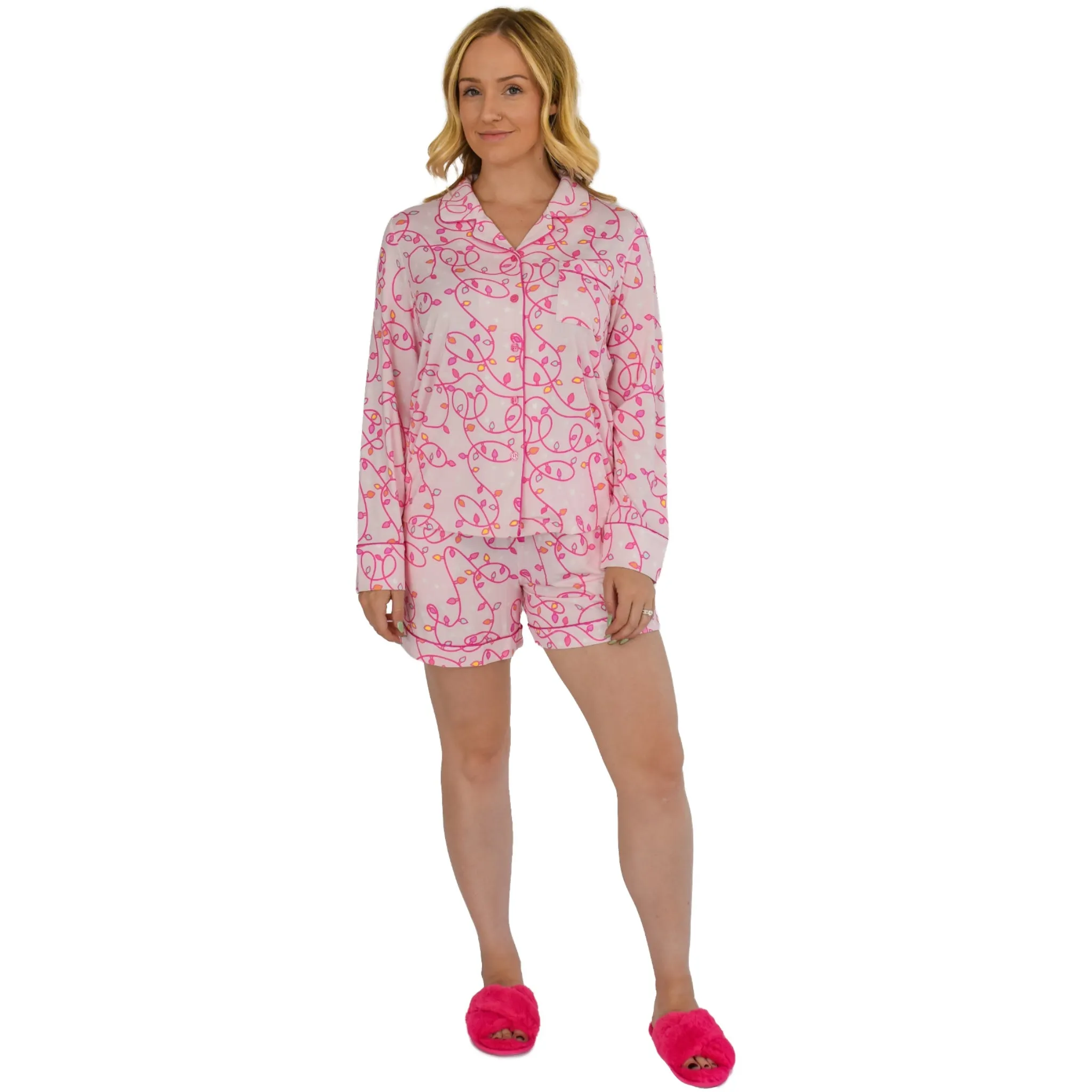 Quinn Pretty in Pink Lights Holiday Pajamas Long Sleeve Short Set sold by Cozy Ups