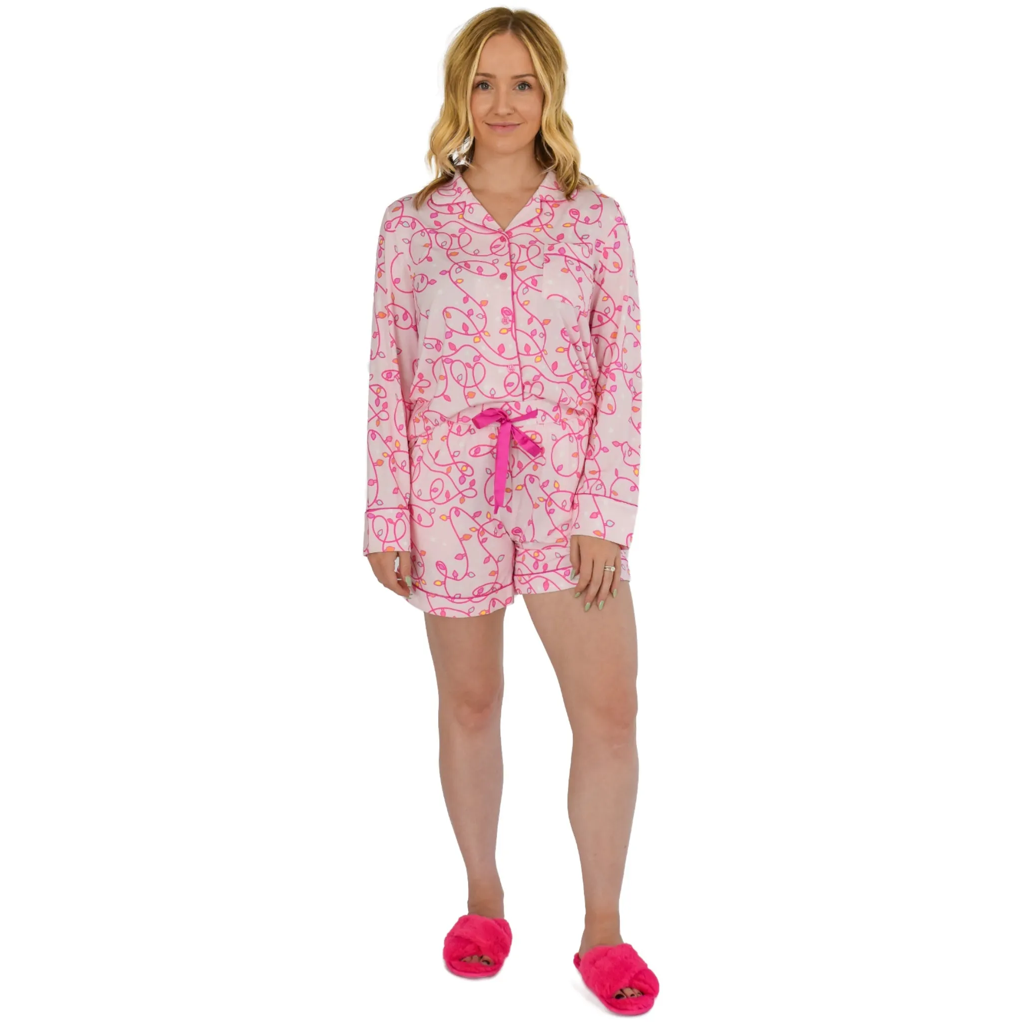 Quinn Pretty in Pink Lights Holiday Pajamas Long Sleeve Short Set sold by Cozy Ups product image thumbnail 2