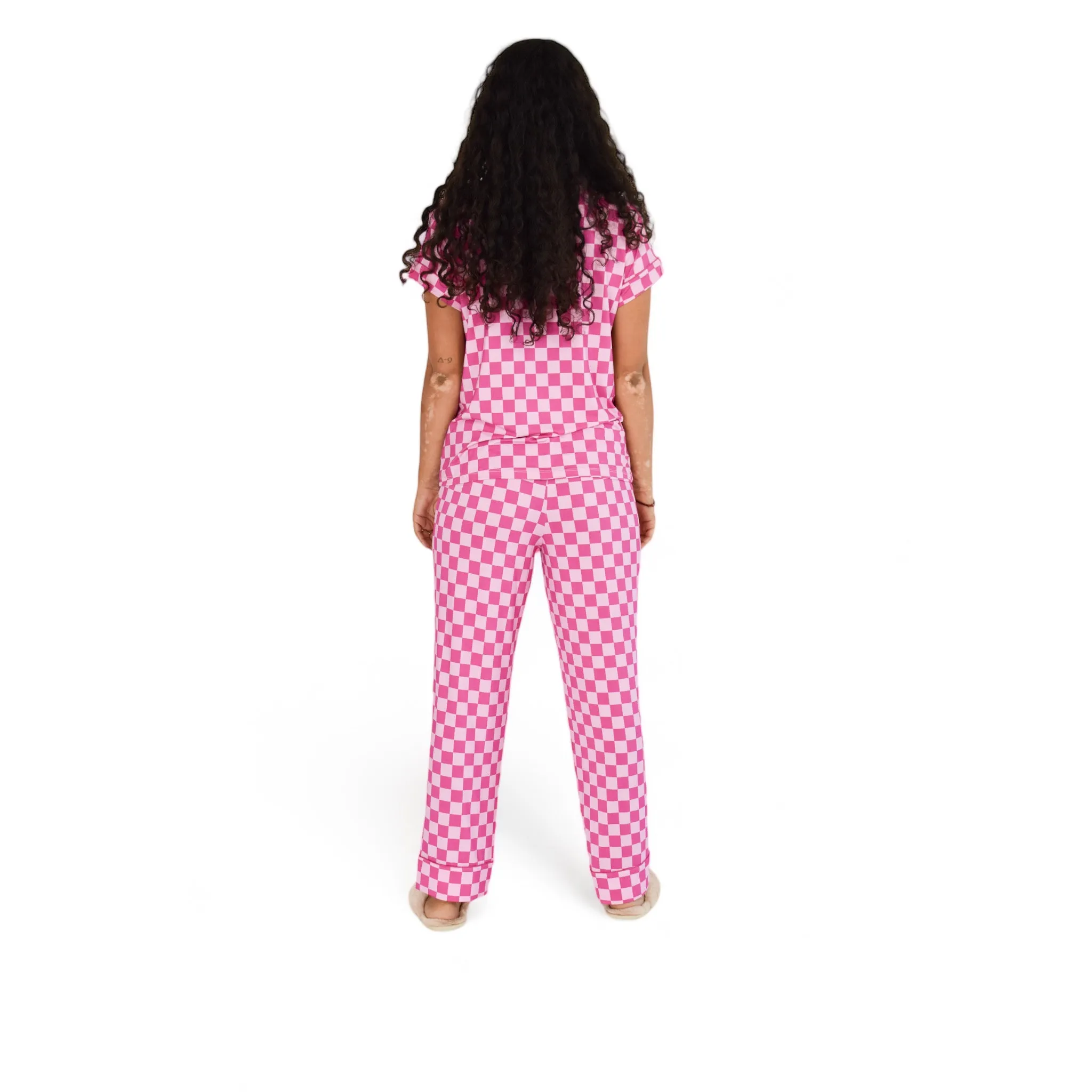 Luna Pink Checkered Pajamas Short Sleeve Long Pants Set sold by Cozy Ups product image thumbnail 4