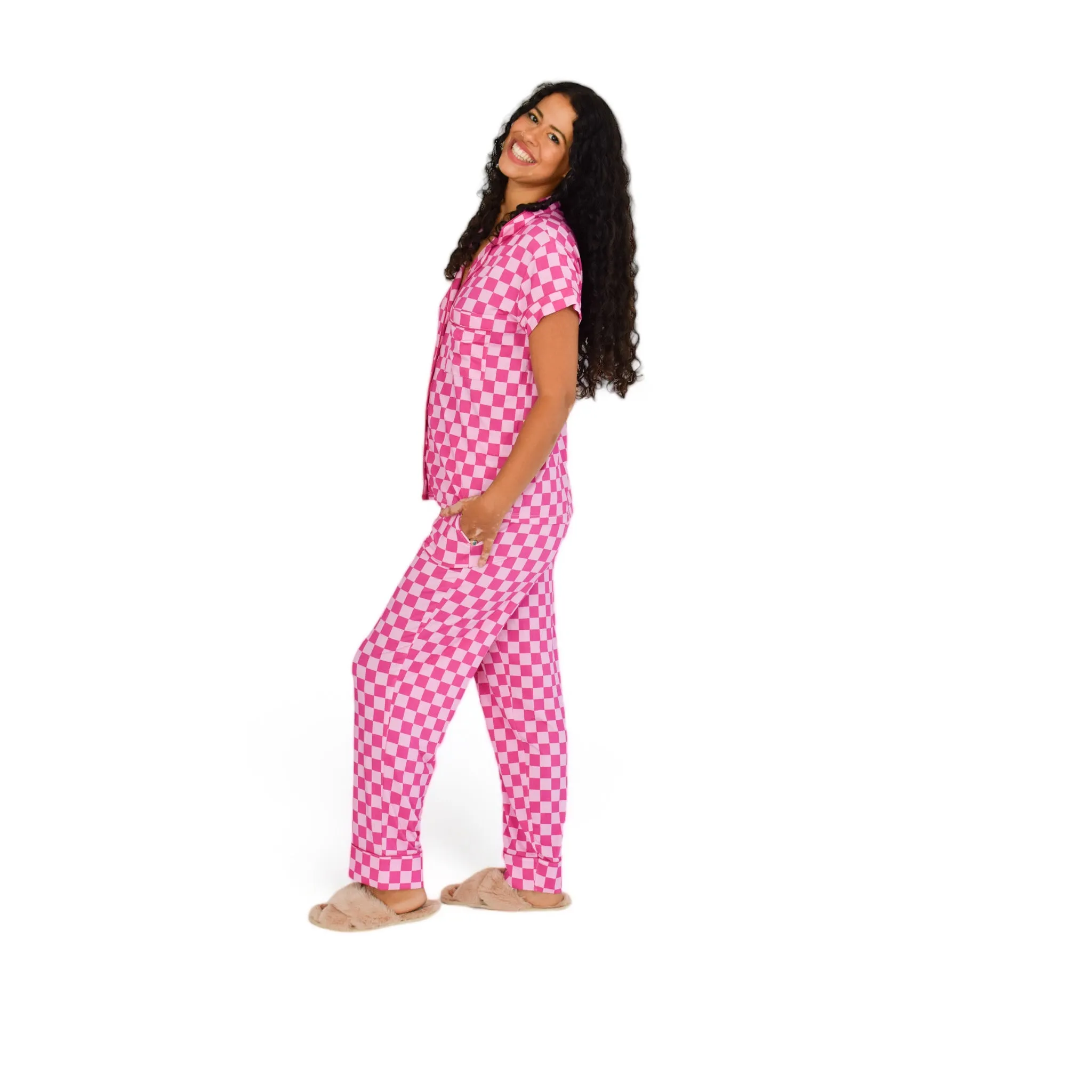 Luna Pink Checkered Pajamas Short Sleeve Long Pants Set sold by Cozy Ups product image thumbnail 3